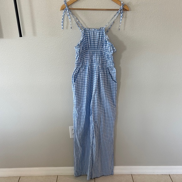 Sincerly Jules Pants - Sincerely Jules Blue Gingham Smocked Sleeveless Ruffled Wide Leg Jumpsuit, XS